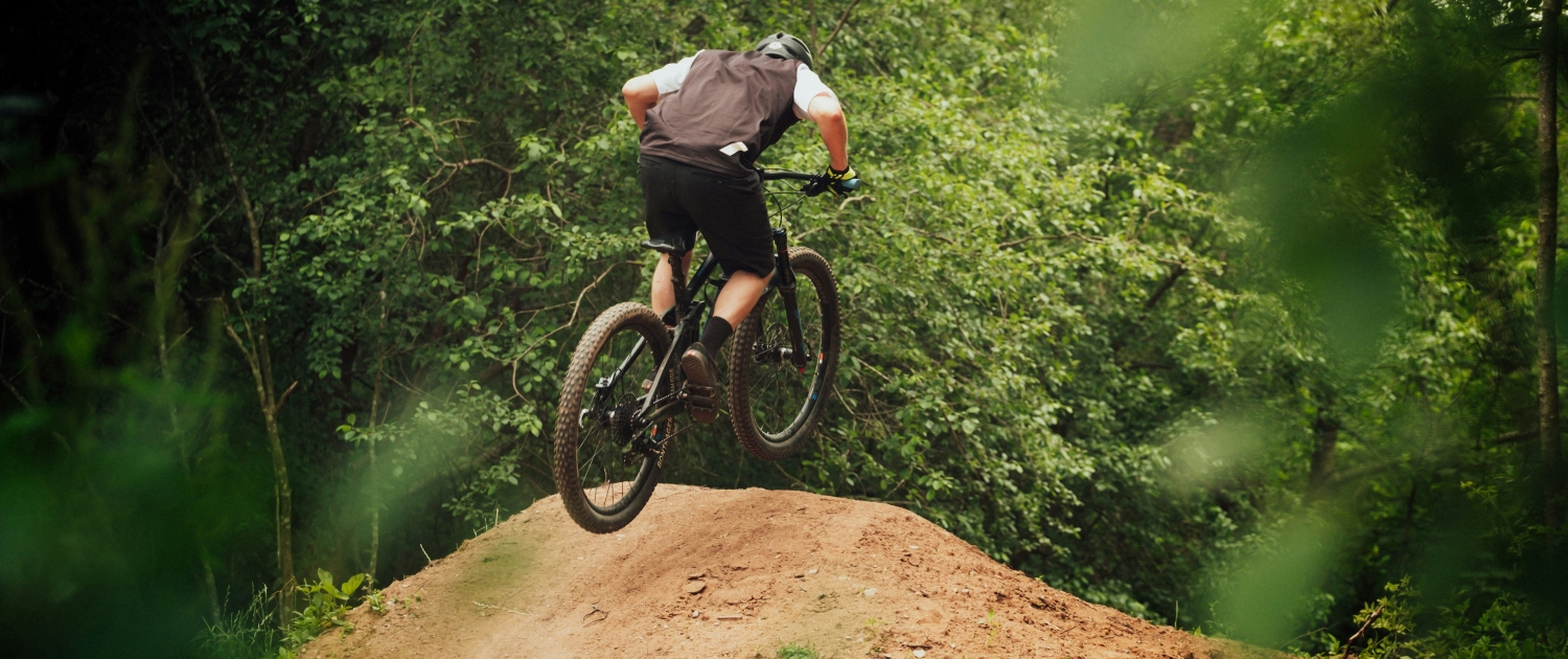 A mountain biker cruises along a forested trail