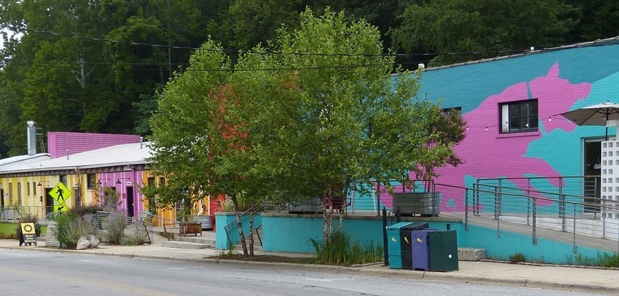 The colorful Pink Dog Creative building in Asheville's River Arts District