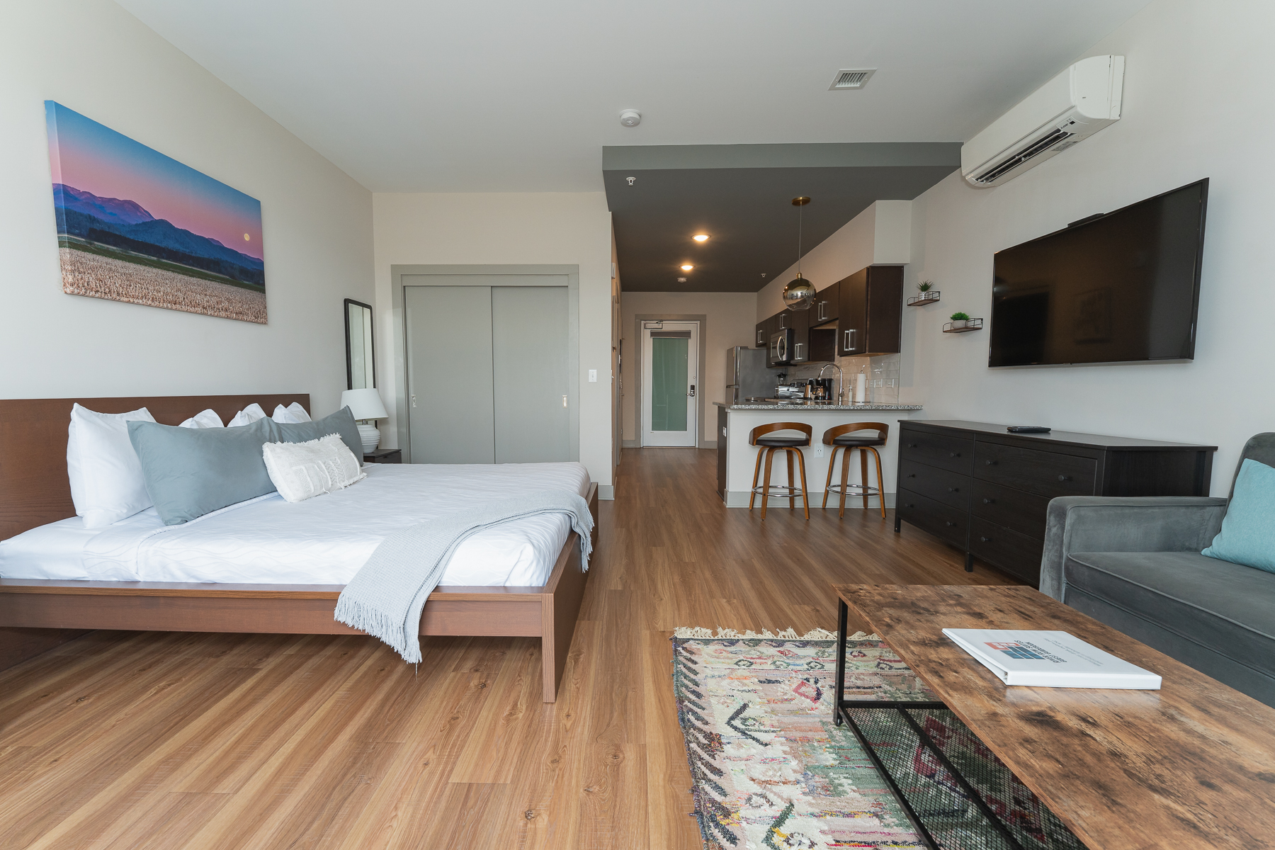 A wide view of a studio suite with a kitchenette, bed, and sofa.