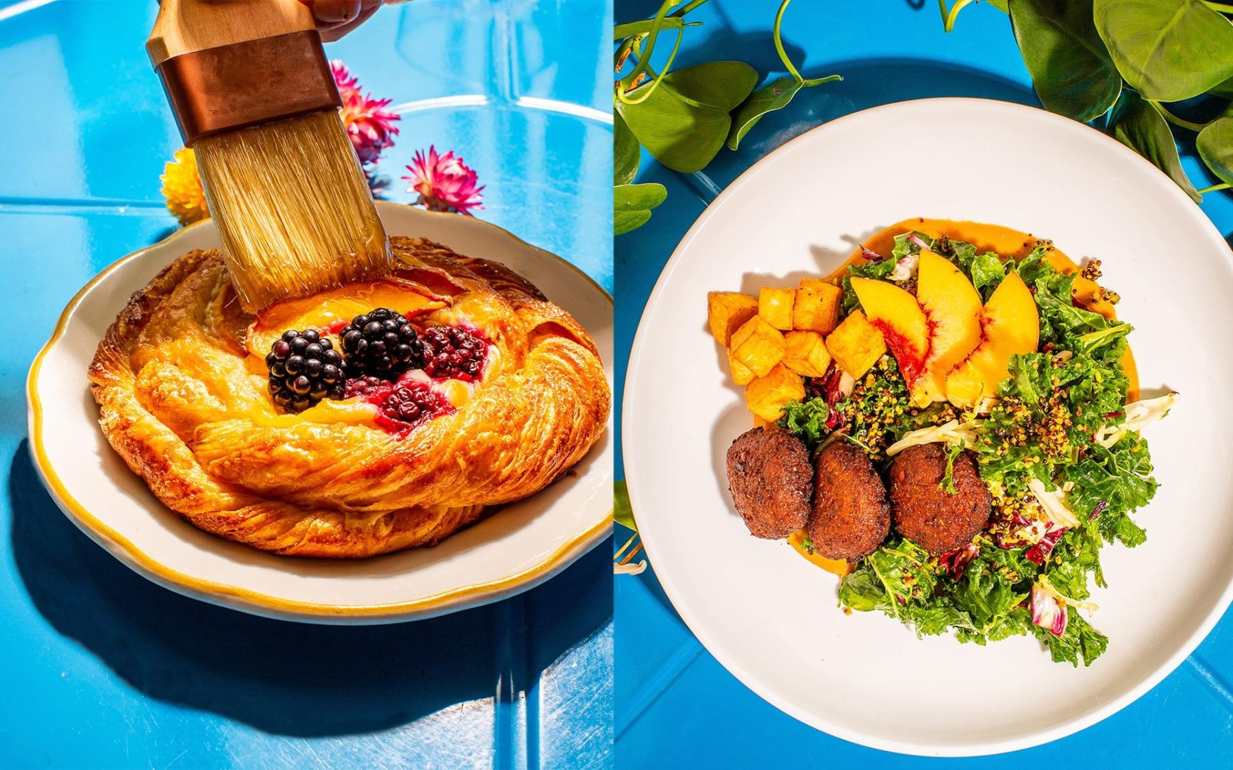 two plates of food, one with a pastry and berries and one with greens, peaches and meat