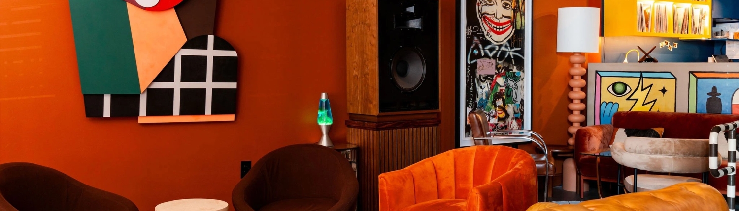 the warm, retro interior of Potential new boyfriend in west Asheville