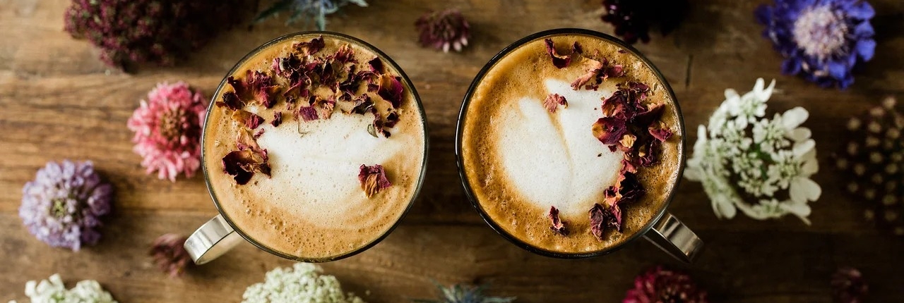 a flatlay of coffee drinks surrounded by flower blossoms
