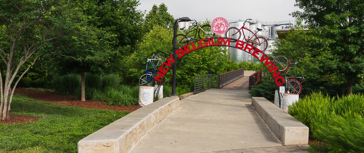 New Belgium Brewing's arched sign on the Asheville campus