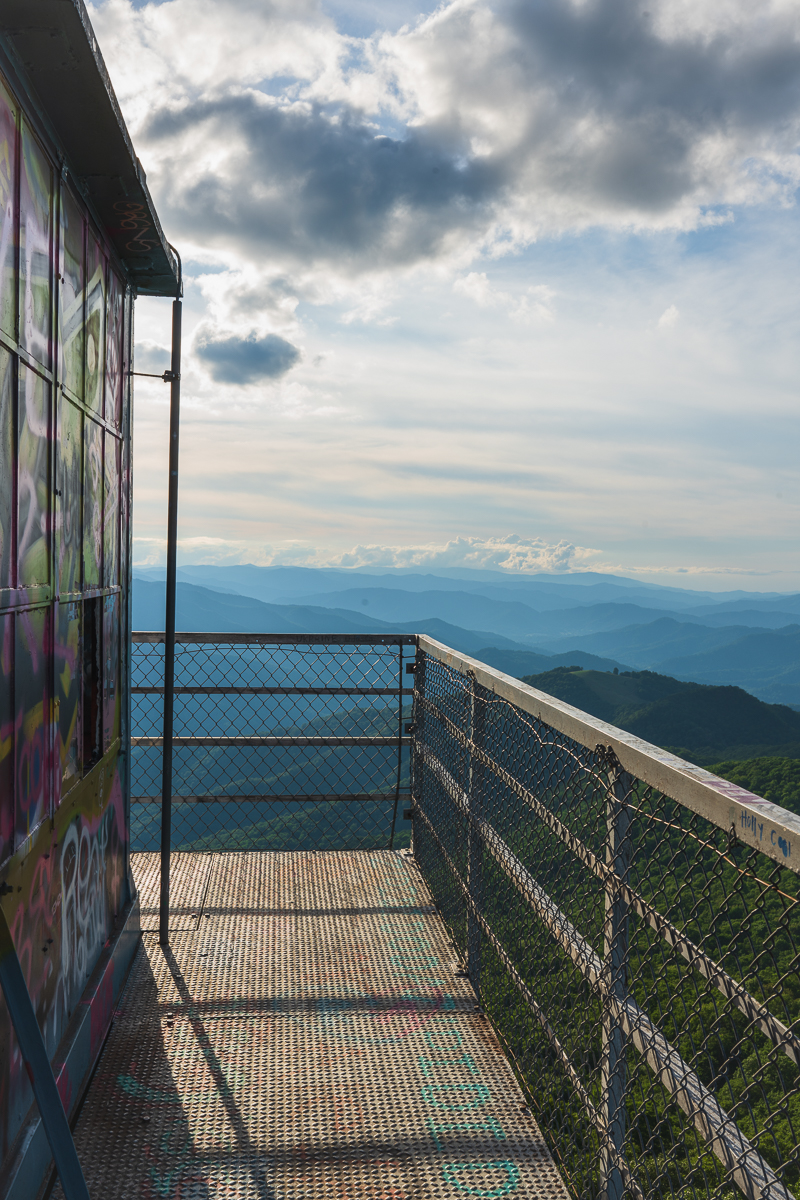 the platform at Fryingpan Mountain tower overlooking the Blue Ridge Mountains near Asheville.