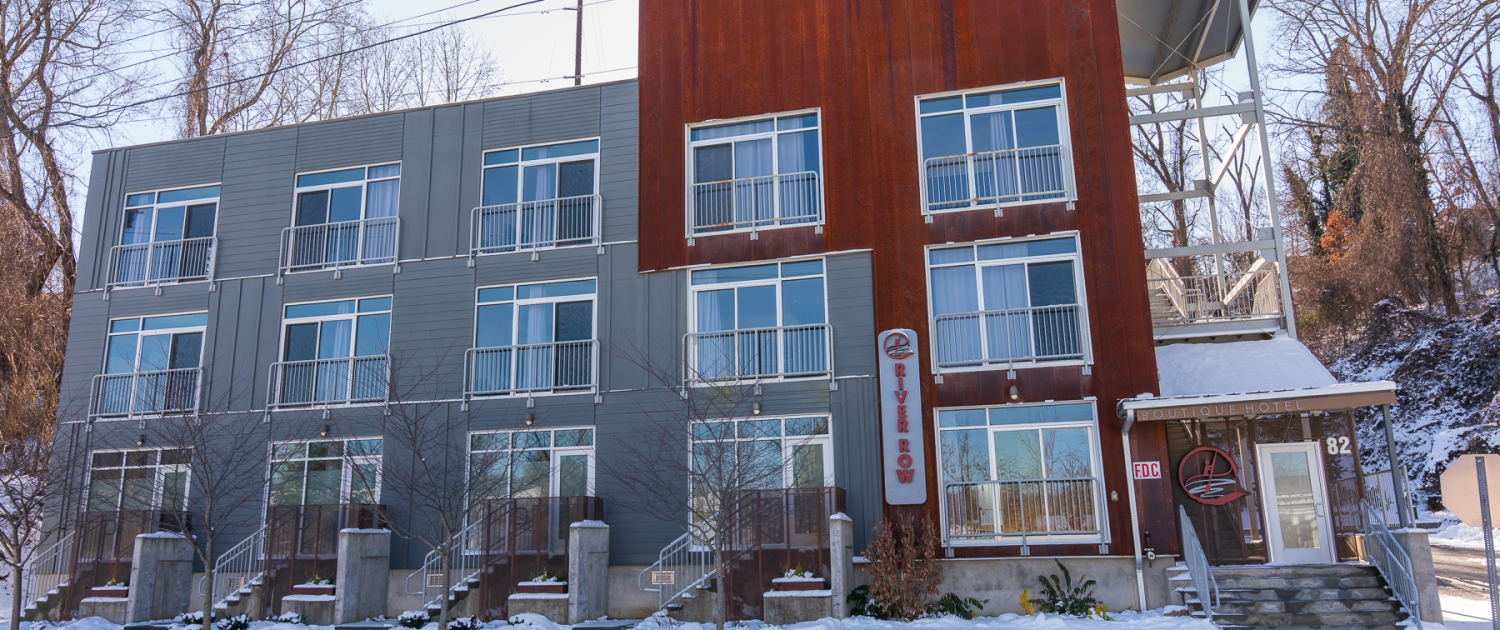 River Row Suites after a fresh snowfall. Asheville, NC.