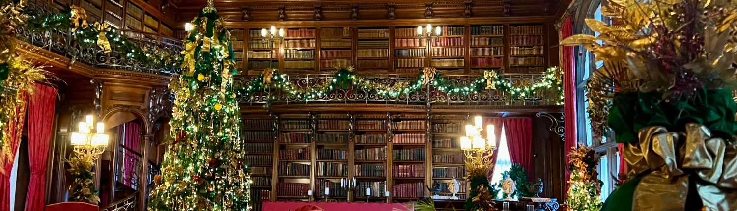 the interior of the Biltmore house library during Christmas season. wooden bookshelves line the walls, a garland is strung around the perimeter of the room and a tall tree is positioned to the side.